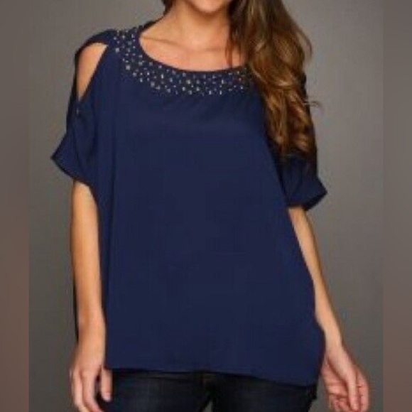 Lilly Pulitzer Gold Stud Navy Cold Shoulder Top - Picture 1 of 10